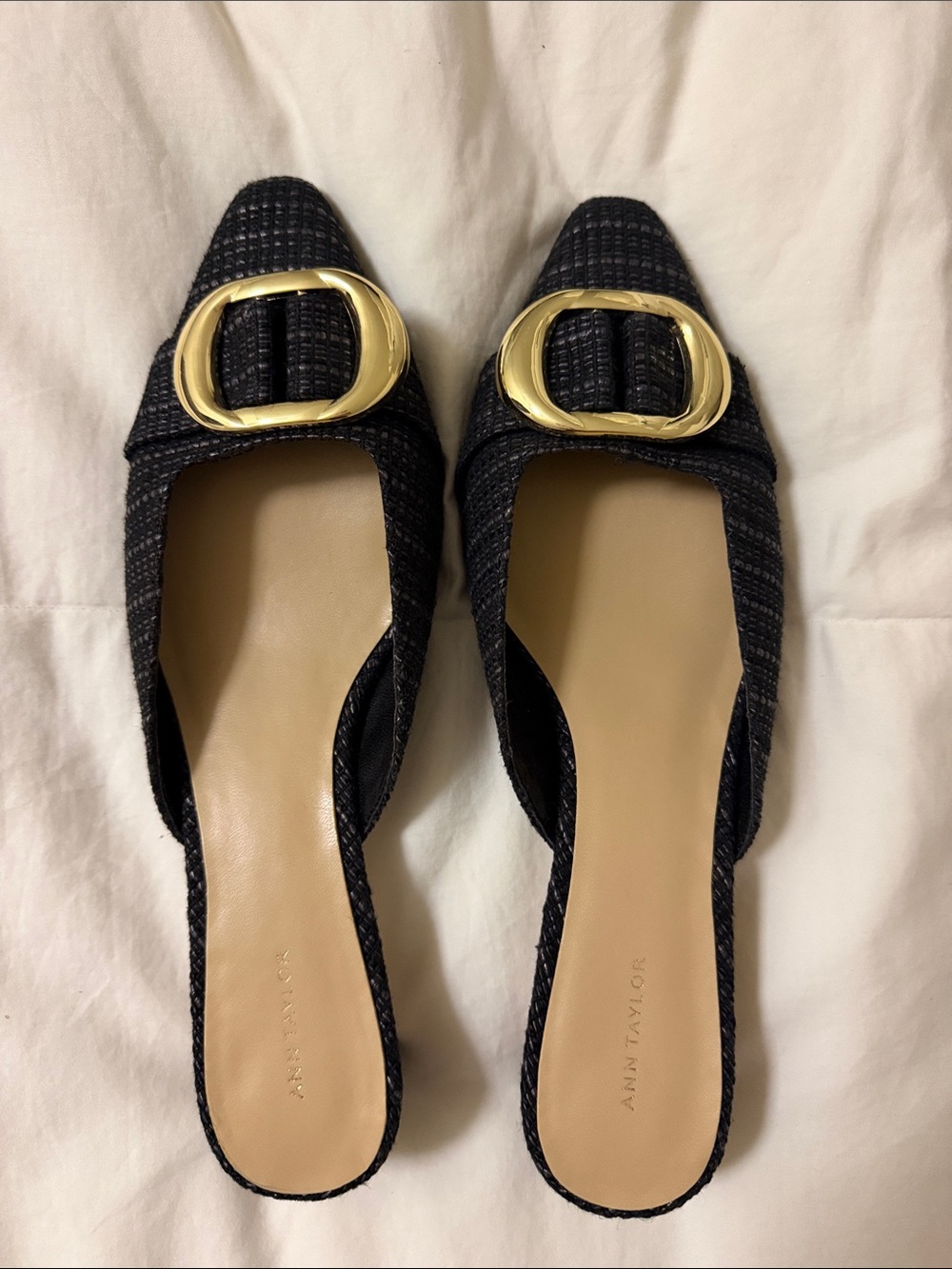 Ann Taylor Black Tweed Slide Mules with Gold Buckles